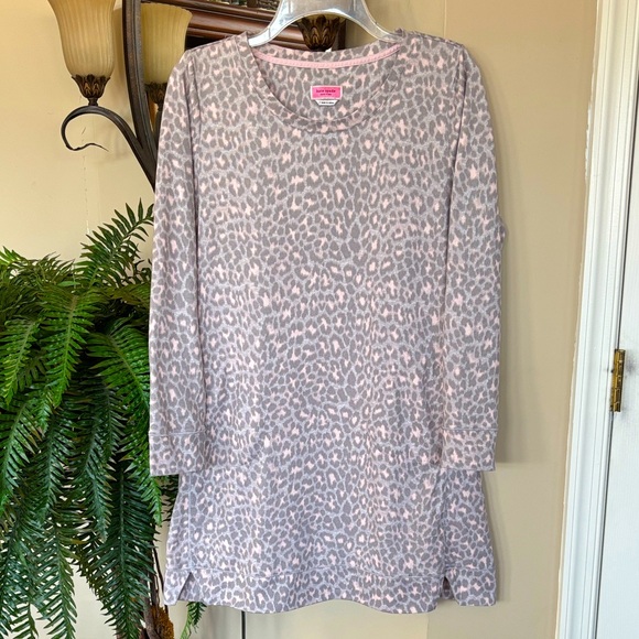 Kate Spade Pink Gray Leopard Print Long Sleeve Nightgown Knit Sleepwear Pockets - Picture 1 of 11